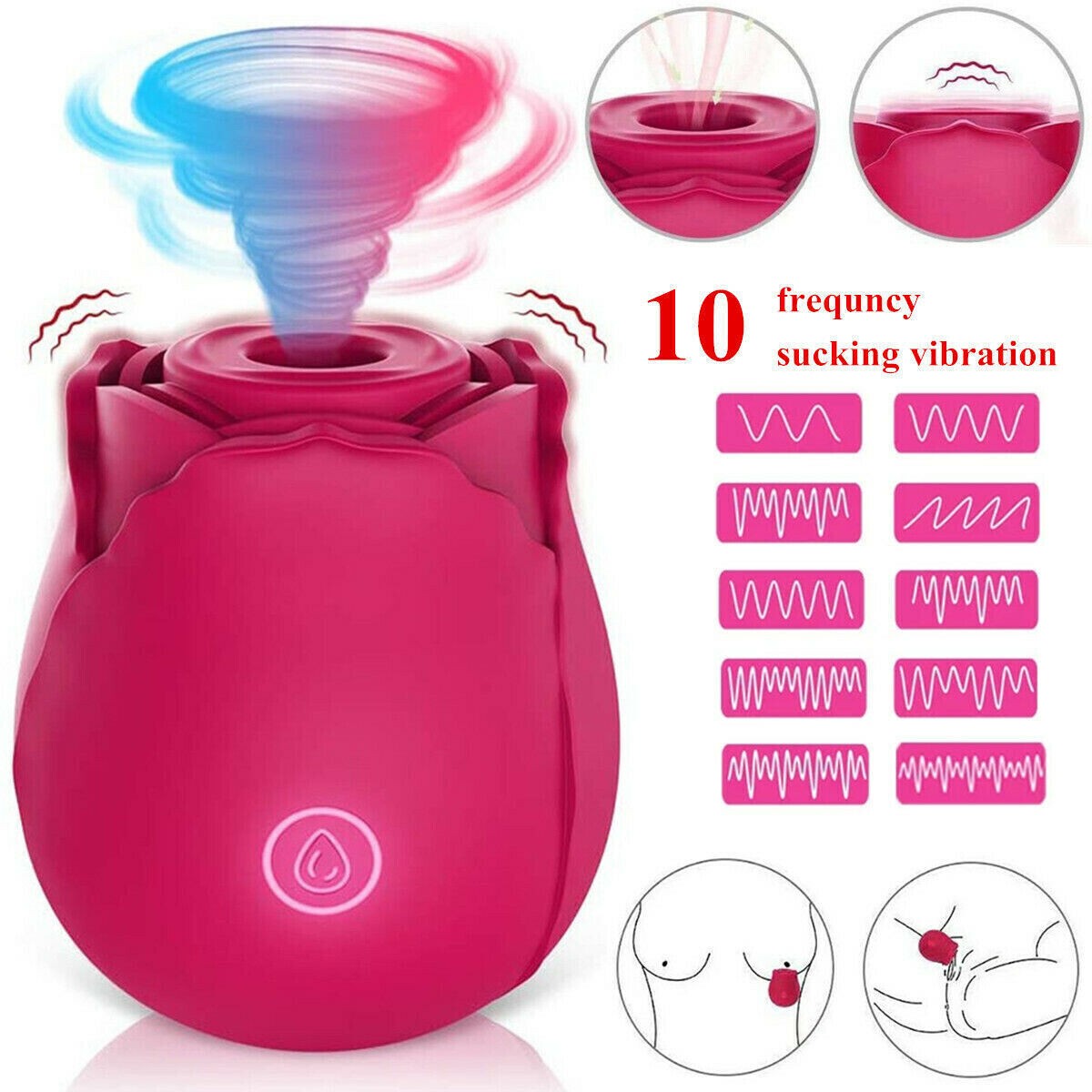 Rose Ritual Massager Pink — 10 frequency air pulse suction vibration modes diagram showing clitoral and nipple stimulation use