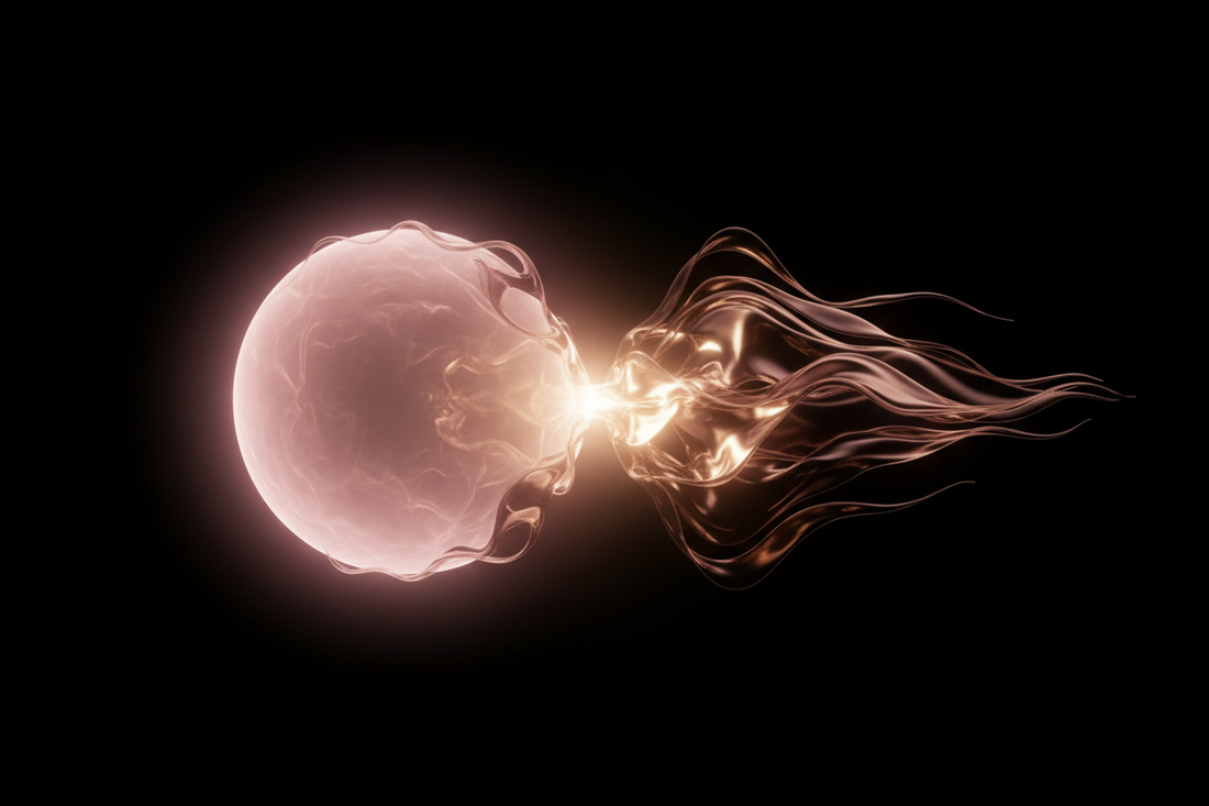 Abstract blush pink sphere and rose gold fluid energy merging on black background, representing internal and external clitoral stimulation combining