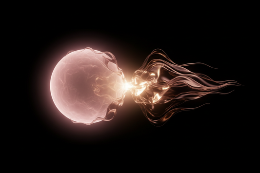 Abstract blush pink sphere and rose gold fluid energy merging on black background, representing internal and external clitoral stimulation combining