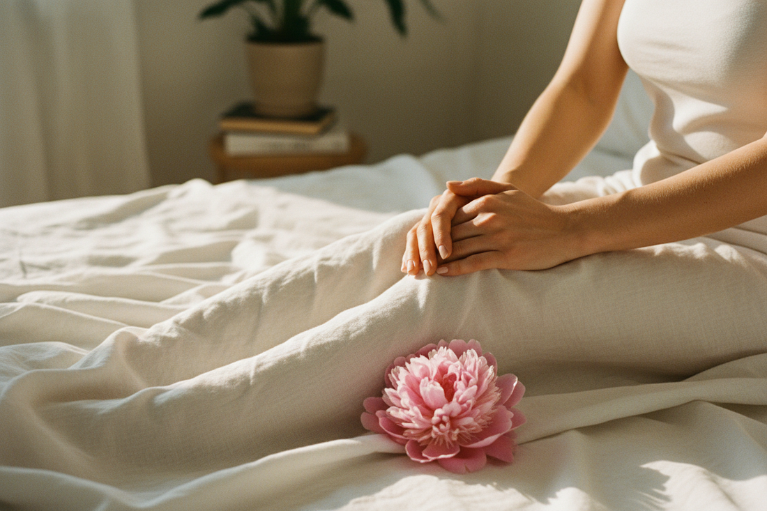 Woman's hands resting peacefully on white linen bed with pink peony flower, soft morning light, body-positive wellness aesthetic