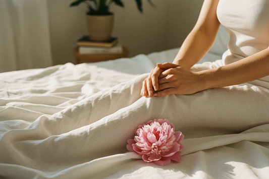 Woman's hands resting peacefully on white linen bed with pink peony flower, soft morning light, body-positive wellness aesthetic