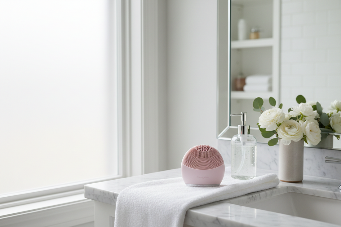 Pink silicone wellness device on white towel beside soap dispenser and white flowers on marble bathroom counter