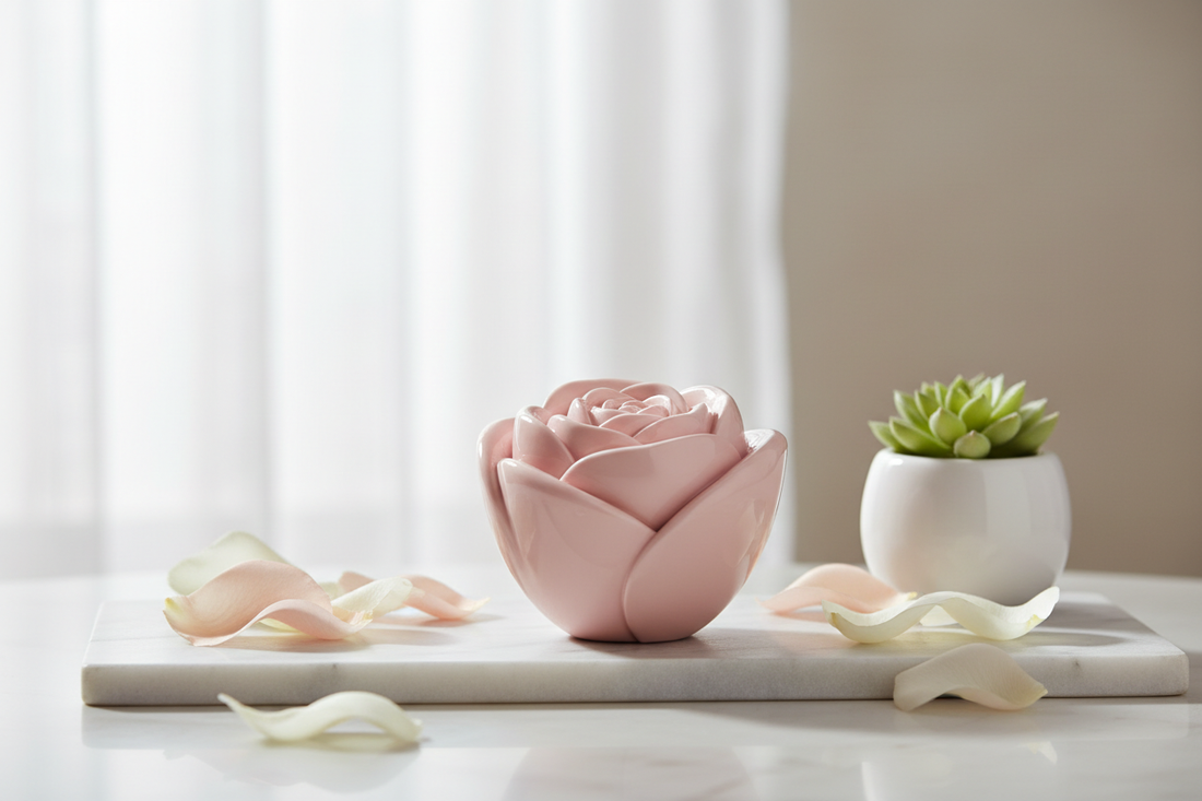 Petal Soft Rose Wellness Stimulator displayed on marble surface with rose petals - ROSE & PULSE