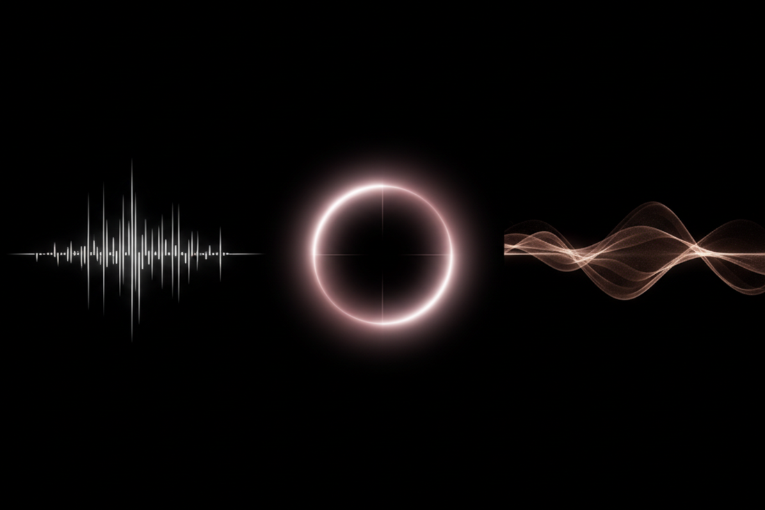 Abstract visualization of three stimulation technologies on black background — vibration waves, suction ring, and air pulse flow