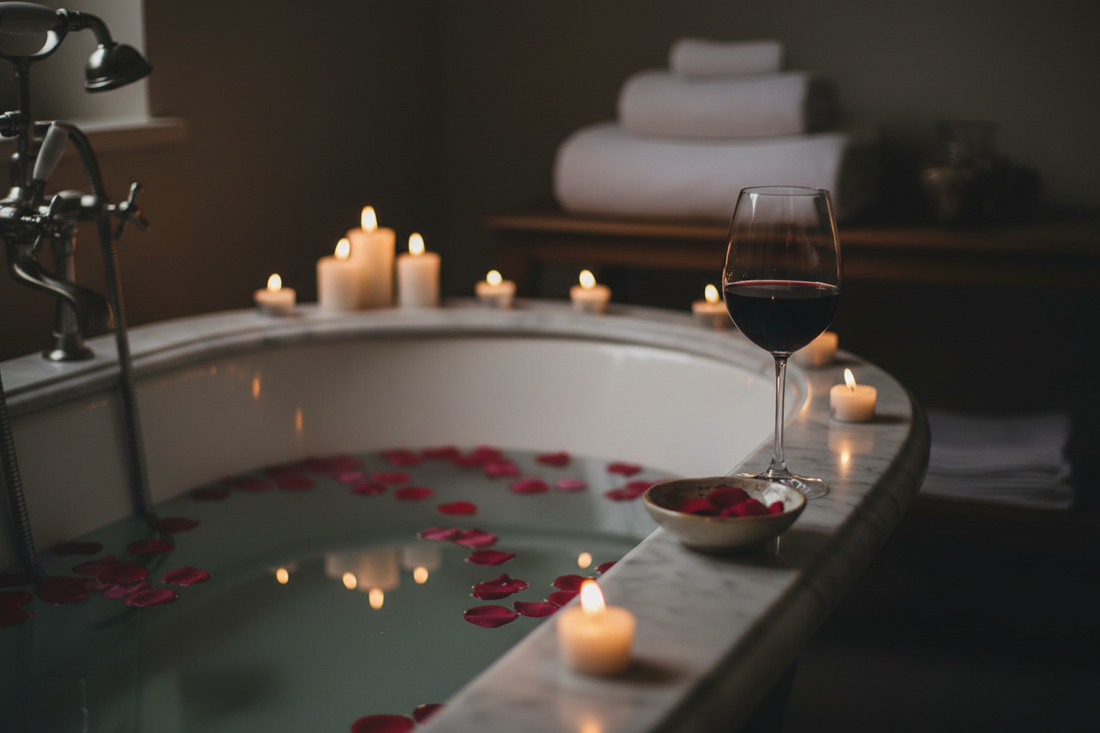 Luxury bath with rose petals, candles and red wine glass, intimate self-care ritual aesthetic