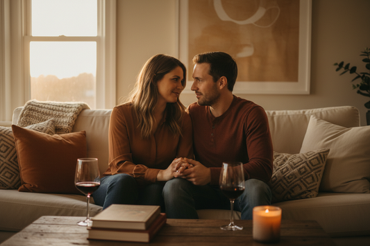 Couple sitting close together on couch holding hands with wine glasses and candle on coffee table, warm evening light, intimate conversation