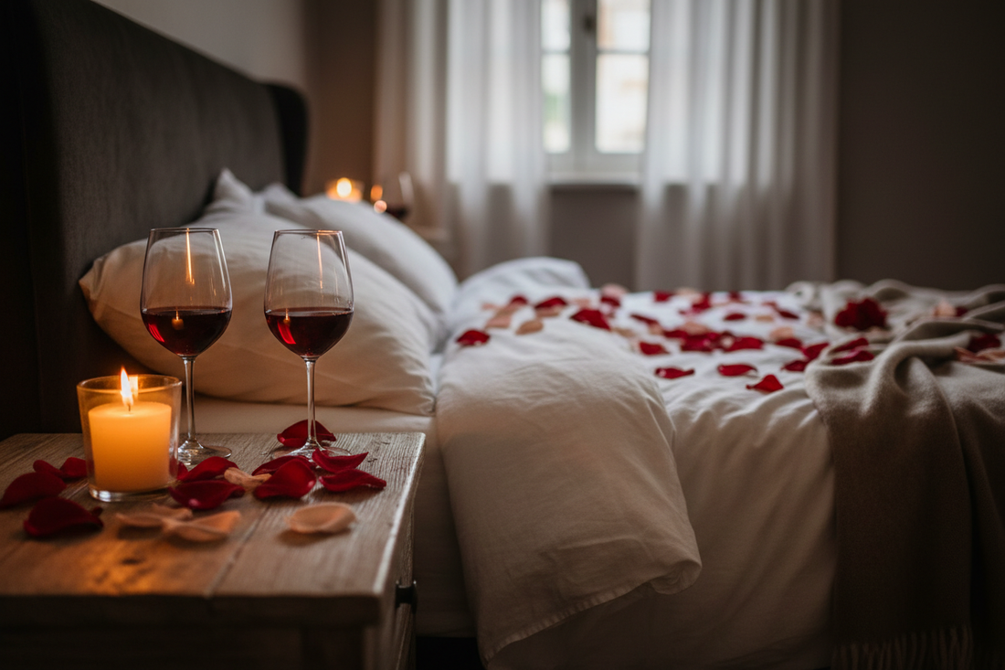 Two red wine glasses and candle on wooden bedside table with rose petals scattered on white linen bed, romantic couples evening