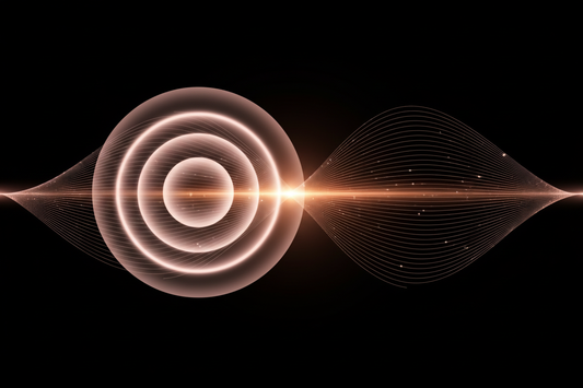 Abstract visualization of air-pulse pressure waves and vibration frequencies merging on black background, dual stimulation technology concept