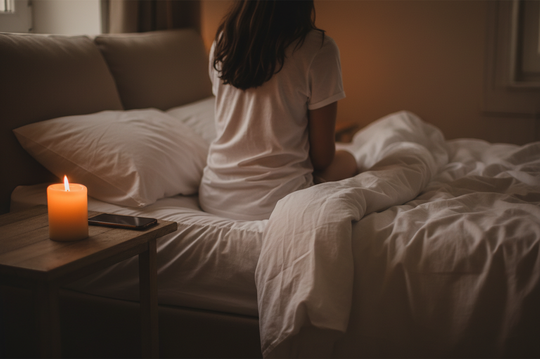 Woman sitting on edge of bed from behind in candlelit bedroom with phone face-down on nightstand, peaceful end-of-day wind-down mood