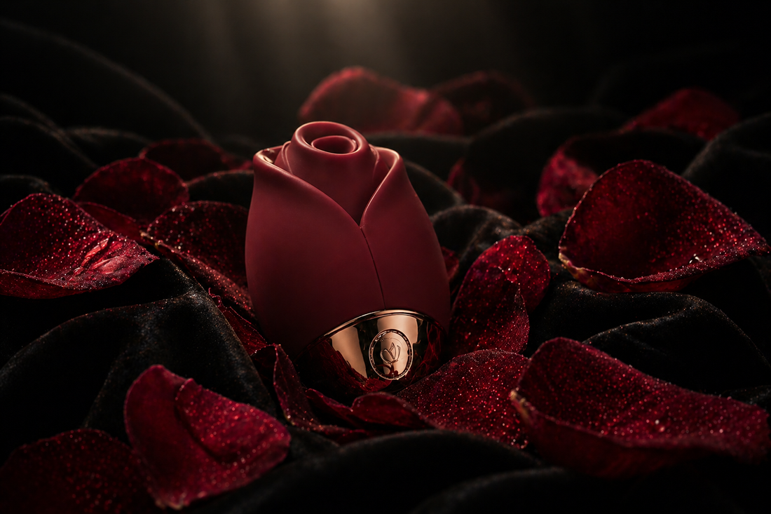 ROSE & PULSE Rose Sucker G-Spot Massager — a rose-shaped air pulse clitoral stimulator in deep red silicone with a gold base, nestled among red rose petals on black velvet fabric