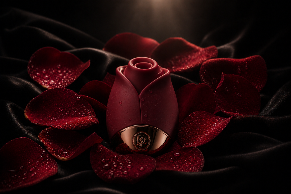ROSE & PULSE Petal Soft Rose air pulse clitoral stimulator in deep red silicone with gold base, surrounded by dew-covered rose petals on black velvet — IPX7 waterproof sex toy for sensory wellness