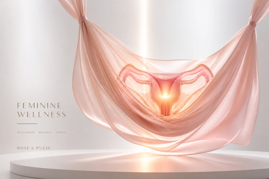 Abstract high-end 3D render representing female wellness with soft, silk-like rose gold and amber fabric forming a supportive hammock-like shape, glowing softly on a clean white background.