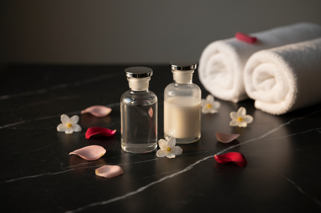 Two glass bottles of lubricant on a dark marble surface with rose petals and white flowers, luxury wellness spa aesthetic