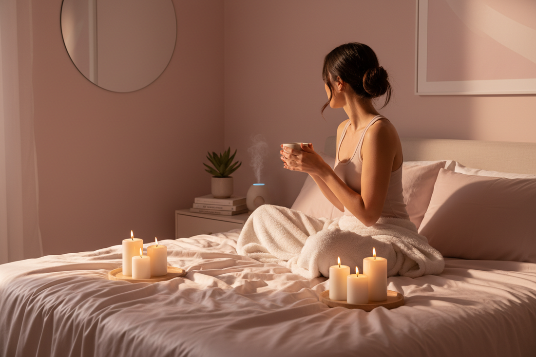 Woman in silk robe in soft candlelit bedroom, self-care wellness lifestyle