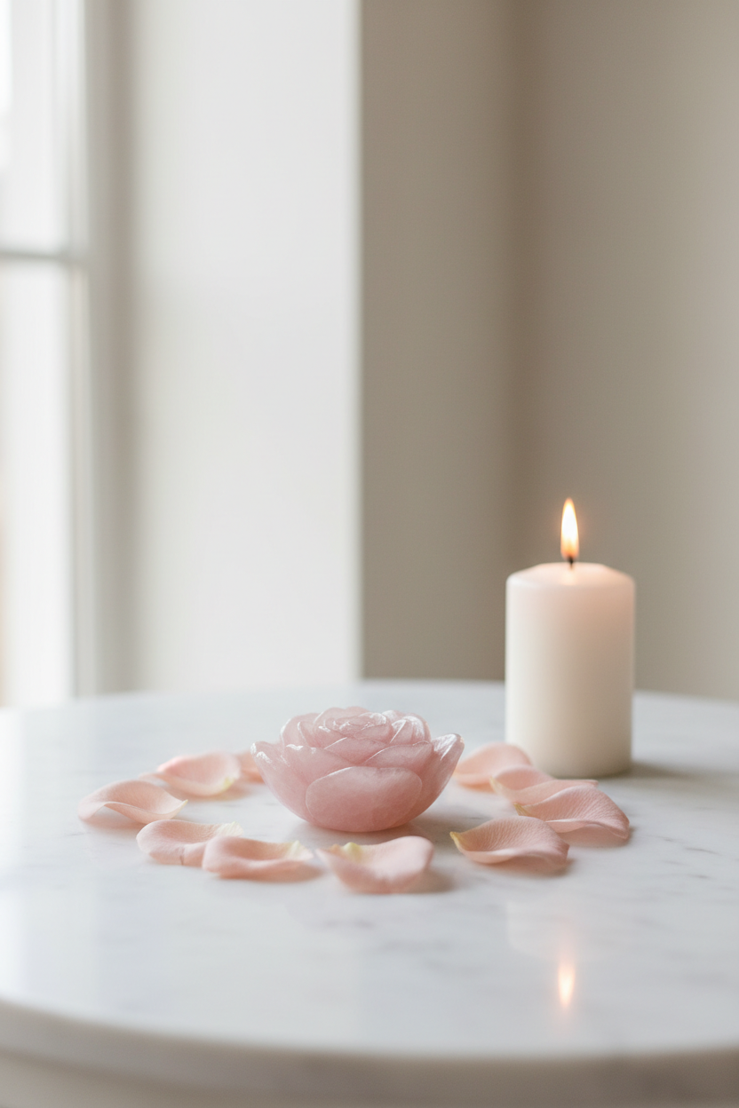Pink rose wellness device on white marble with rose petals and candle — How to Choose Your First Sex Toy guide by ROSE & PULSE