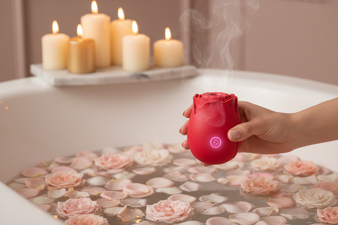 Rose Ritual Massager by ROSE & PULSE beside a candlelit bath with rose petals — self-care night routine