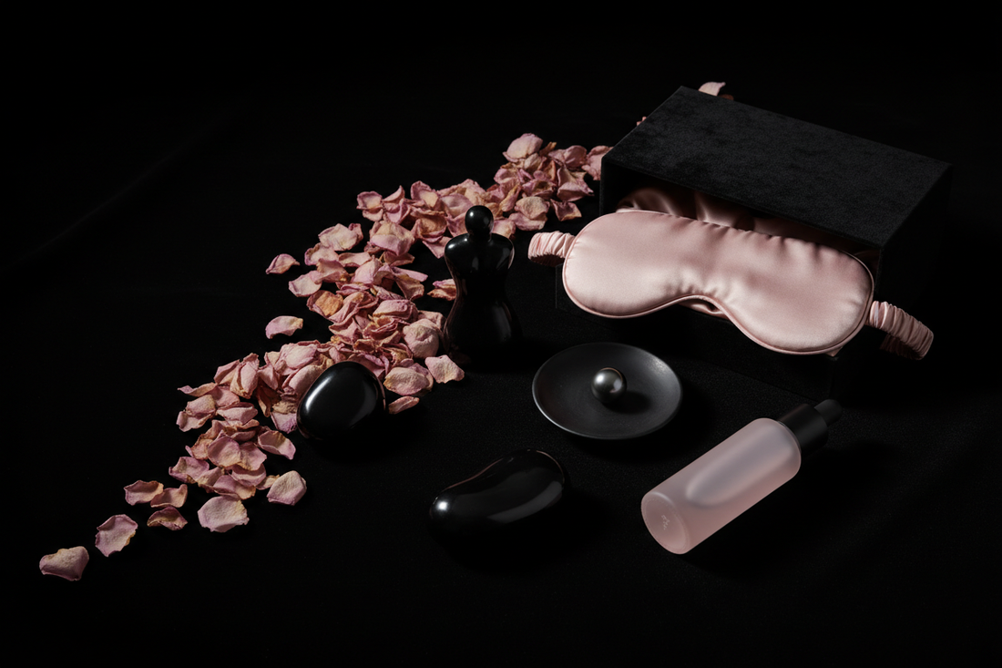 Minimalist rose petals and black sculptural wellness object on dark velvet surface