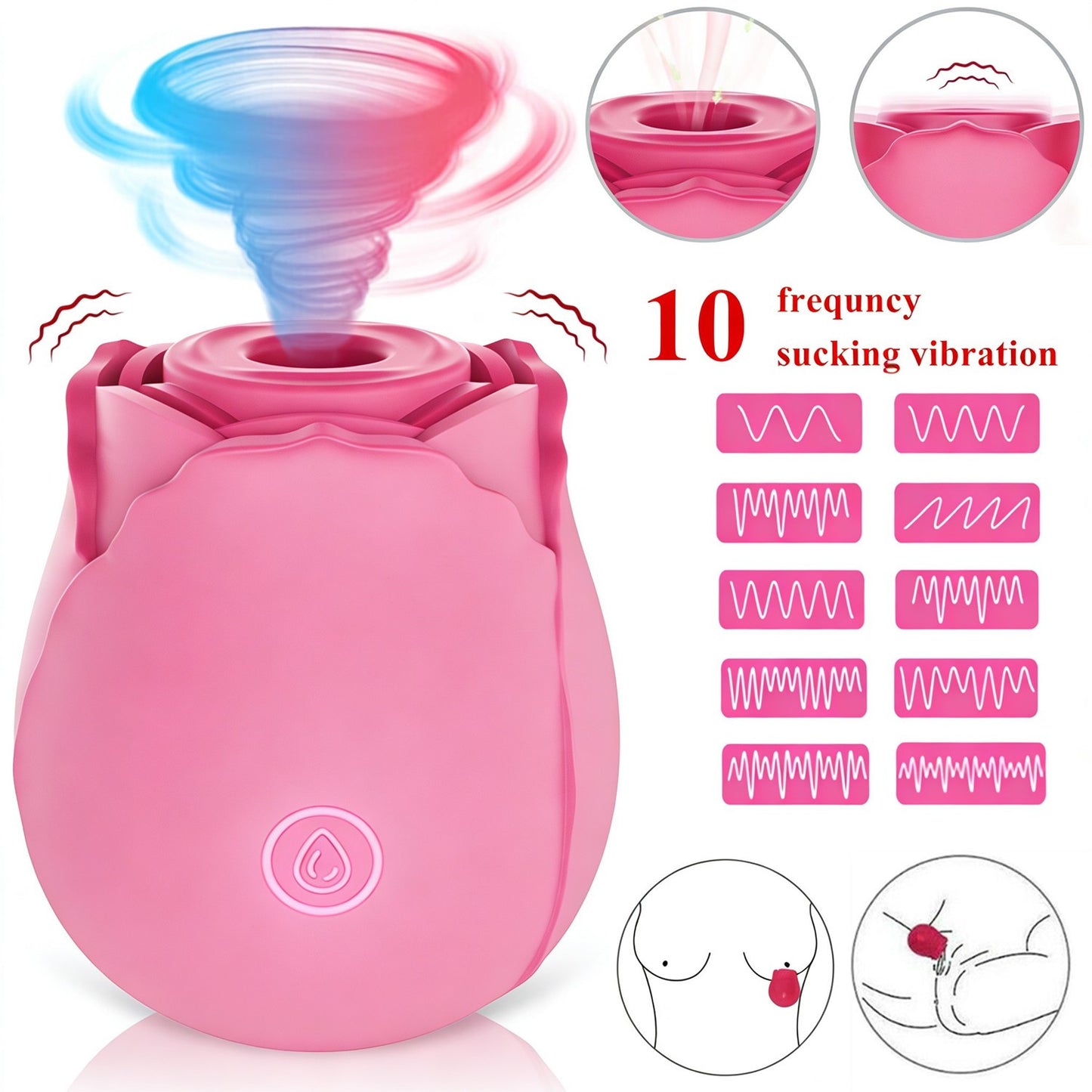 Rose Ritual Massager Light Pink — 10 frequency air pulse suction vibration modes diagram showing clitoral stimulation use