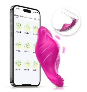 Panty vibrator with APP Bluetooth remote control showing 9 vibration modes on smartphone screen
