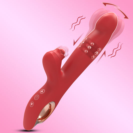 Red rabbit vibrator showing G-spot thrusting and swing motion with vibration waves — dual motor sex toy for women
