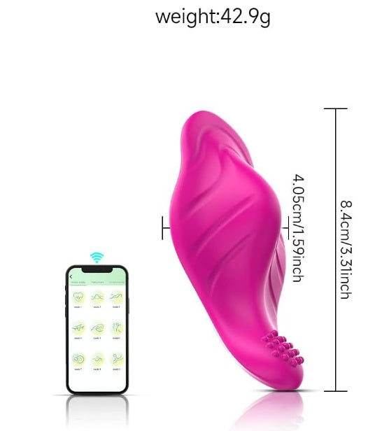 Wearable panty vibrator size chart — 8.4cm x 4.05cm, 42.9g, shown next to smartphone APP controller
