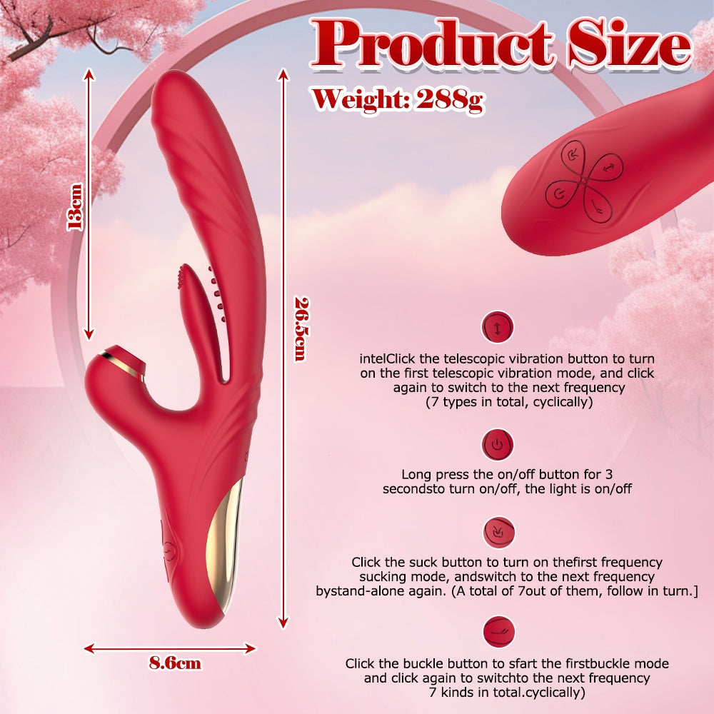 3-in-1 rabbit vibrator red — product size chart showing 26.5cm length, 18cm insertable, 8.6cm width, 288g weight