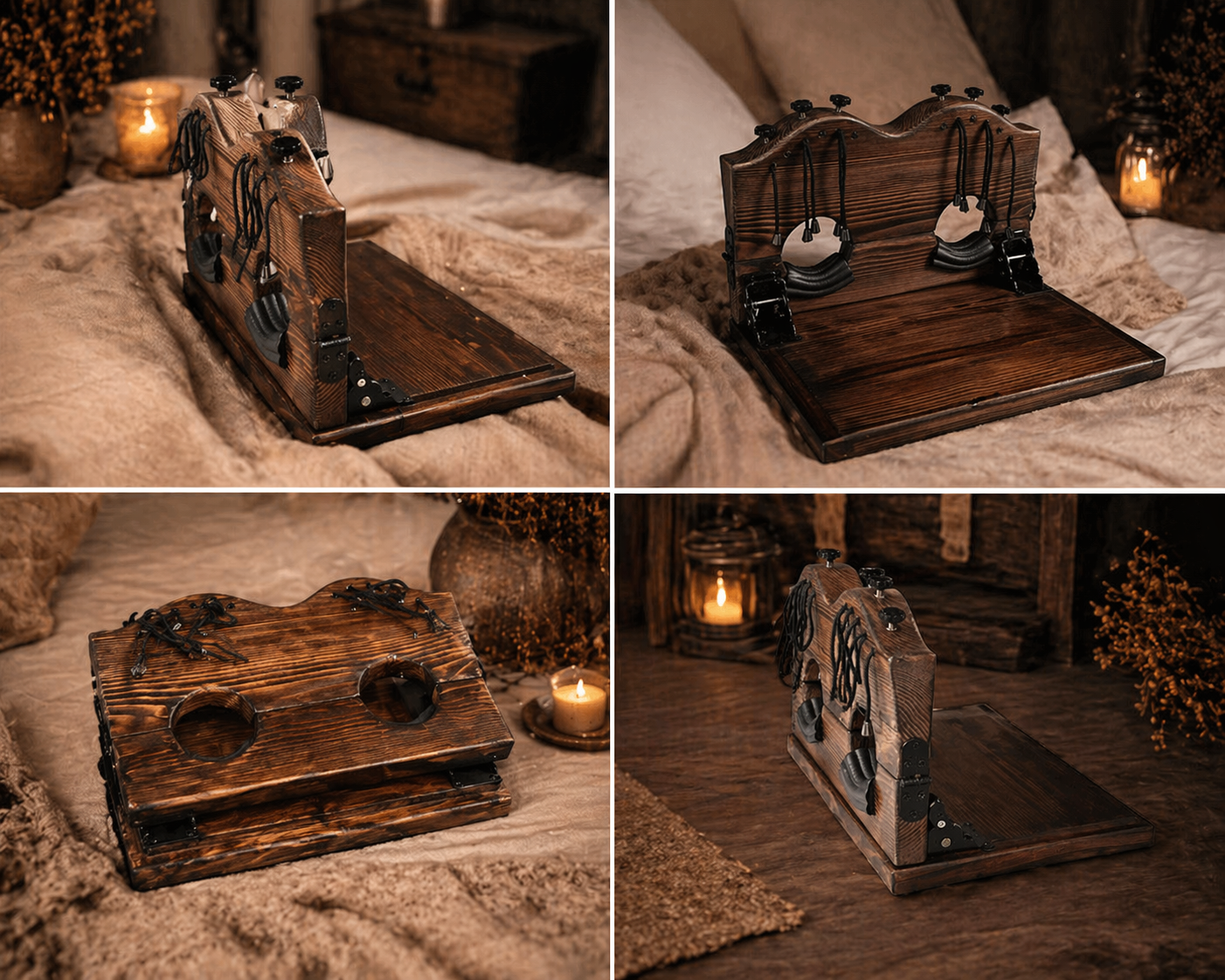 Artisan Solid Hardwood Sensation Ritual station by ROSE & PULSE. Features hand-polished grain detail with organic wax oil finish and adjustable stainless steel hardware. The 3.6kg heavy-duty construction is shown in a luxury home sanctuary setting with warm candlelight.