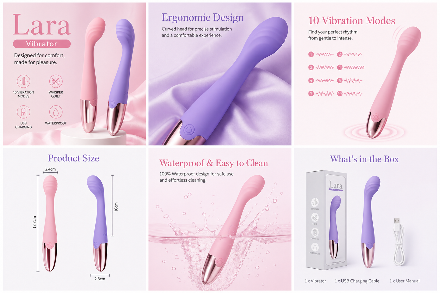 Lara Bloom rose massager with USB magnetic charging cable — 120 minutes battery life per charge | ROSE & PULSE