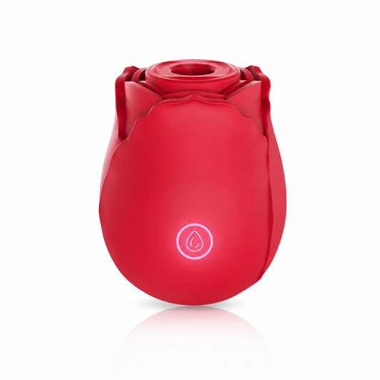 Rose Ritual Massager in Red — rose-shaped air pulse clitoral sex toy with soft silicone petals and touch control button, clean white background | ROSE & PULSE