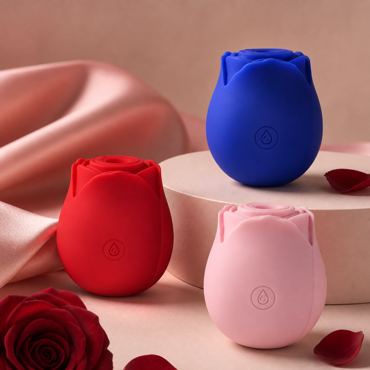 Rose Ritual Massager in Red, Blue, and Pink — rose-shaped air pulse clitoral sex toy by ROSE & PULSE, medical-grade silicone, three color options