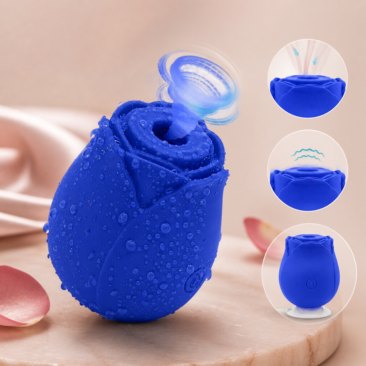 Rose Ritual Massager in Blue with water droplets showing IPX7 waterproof design — air pulse suction mechanism diagram with three-angle detail views | ROSE & PULSE