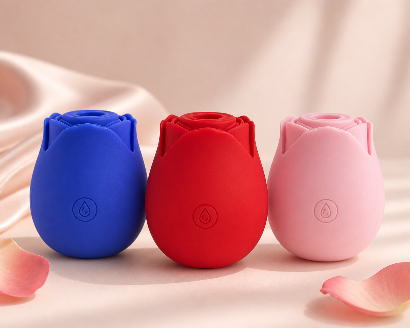 Rose Ritual Massager Blue, Red, and Pink variants side by side — rose-shaped air pulse vibrator with soft silicone petals and IPX7 waterproof design