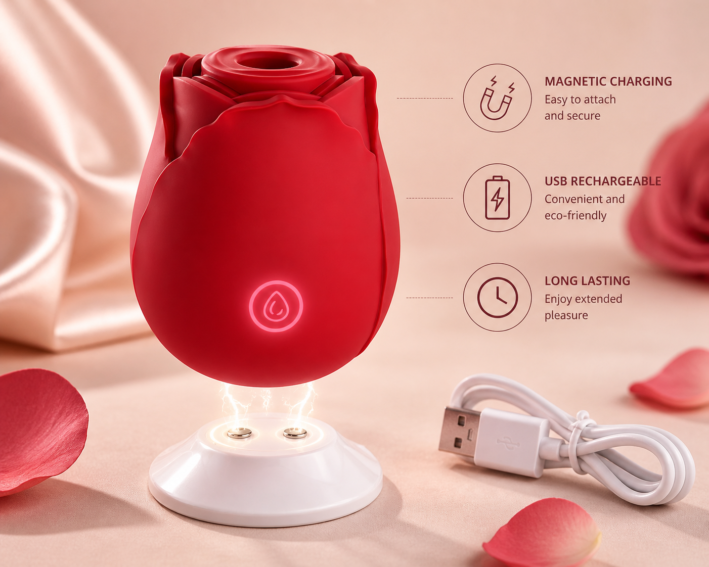 Rose Ritual Massager in Red on magnetic charging base with USB cable — showing magnetic charging, USB rechargeable, and long-lasting battery features