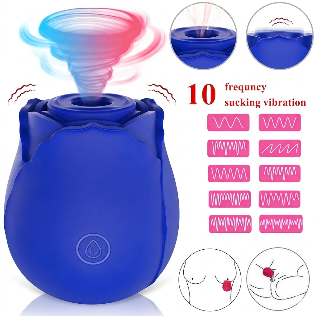 Rose Ritual Massager Blue — 10 frequency air pulse suction vibration modes diagram showing clitoral and nipple stimulation use
