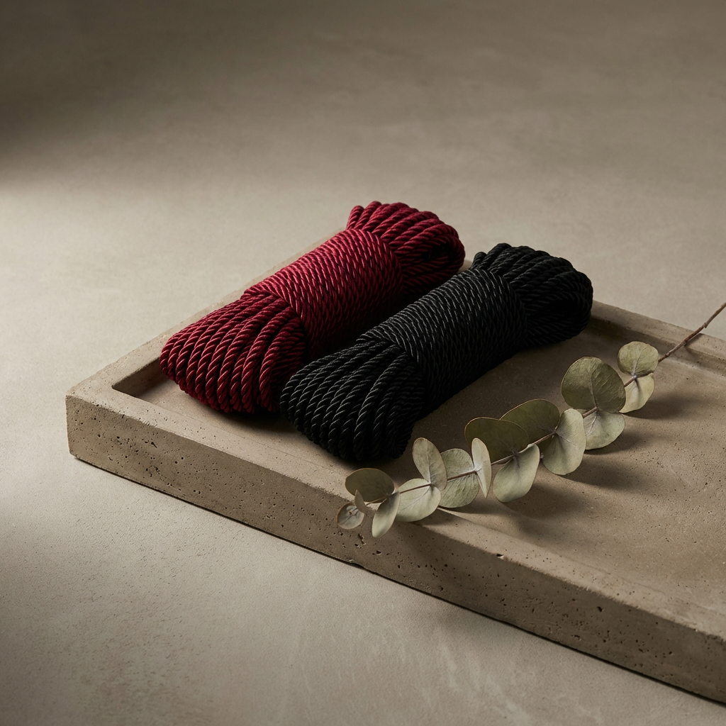 A coil of Ethereal Silk-Touch Rope in Obsidian Black, reflecting its silk-like luster