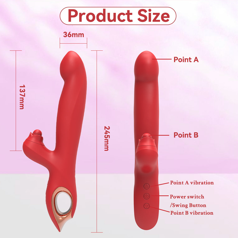 Rabbit vibrator product size chart — 245mm total length, 137mm insertable, 36mm width, with Point A and Point B button labels
