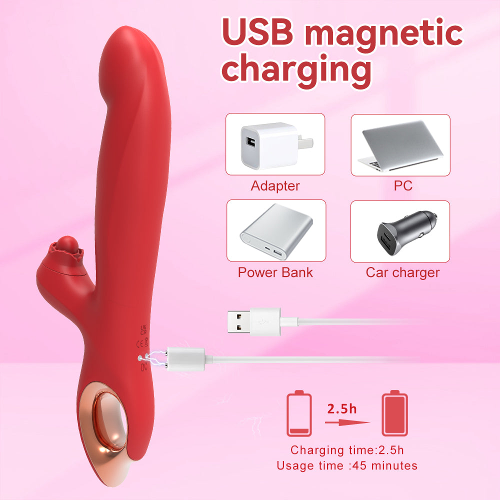 Rabbit vibrator USB magnetic charging — charges via adapter, PC, power bank or car charger in 2.5 hours, 45 min usage time
